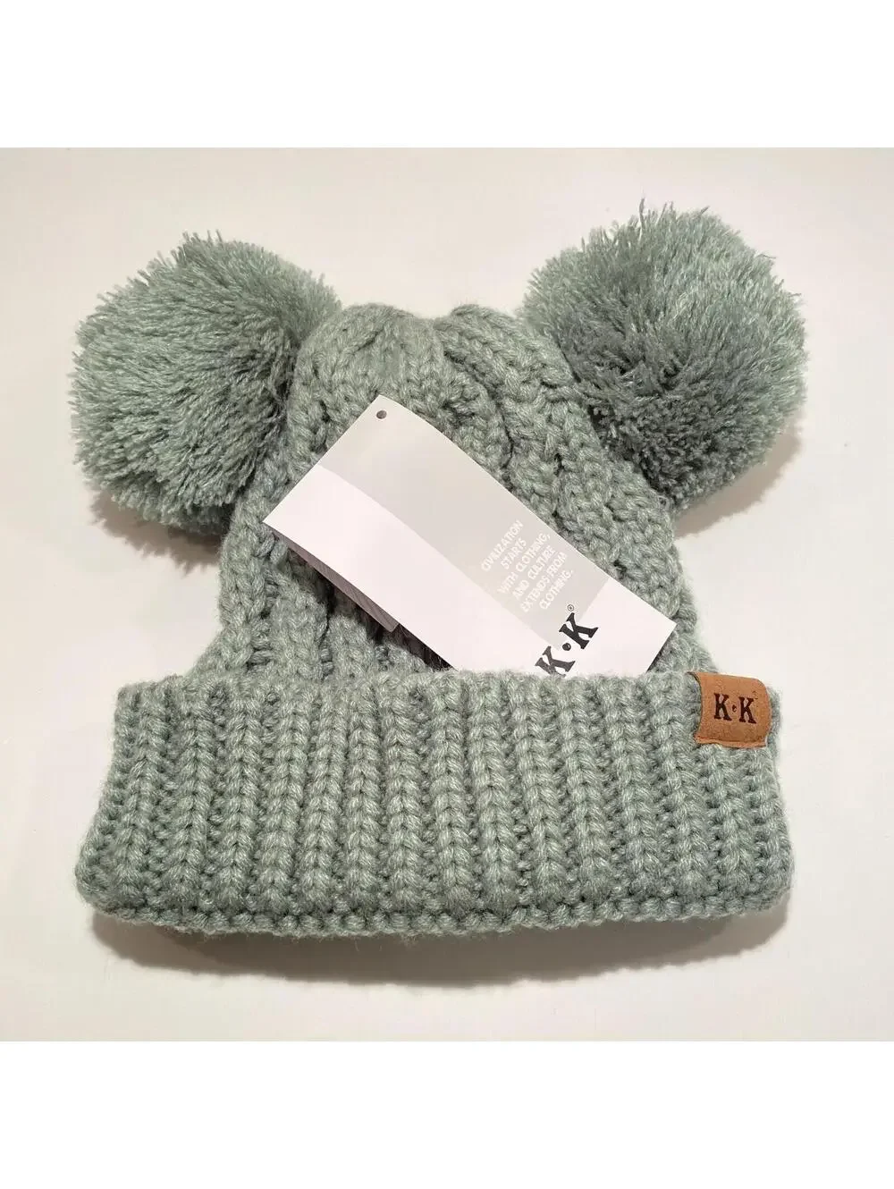 Kids Winter Hat Grey w Pom Pom Ears Cute Thick Warm Knitted Winter Beanie NEW